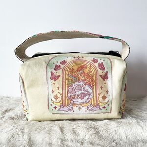 Light Yellow Skull Moon Tiger and Butterflies Stitched Handel Cosmetics Bag